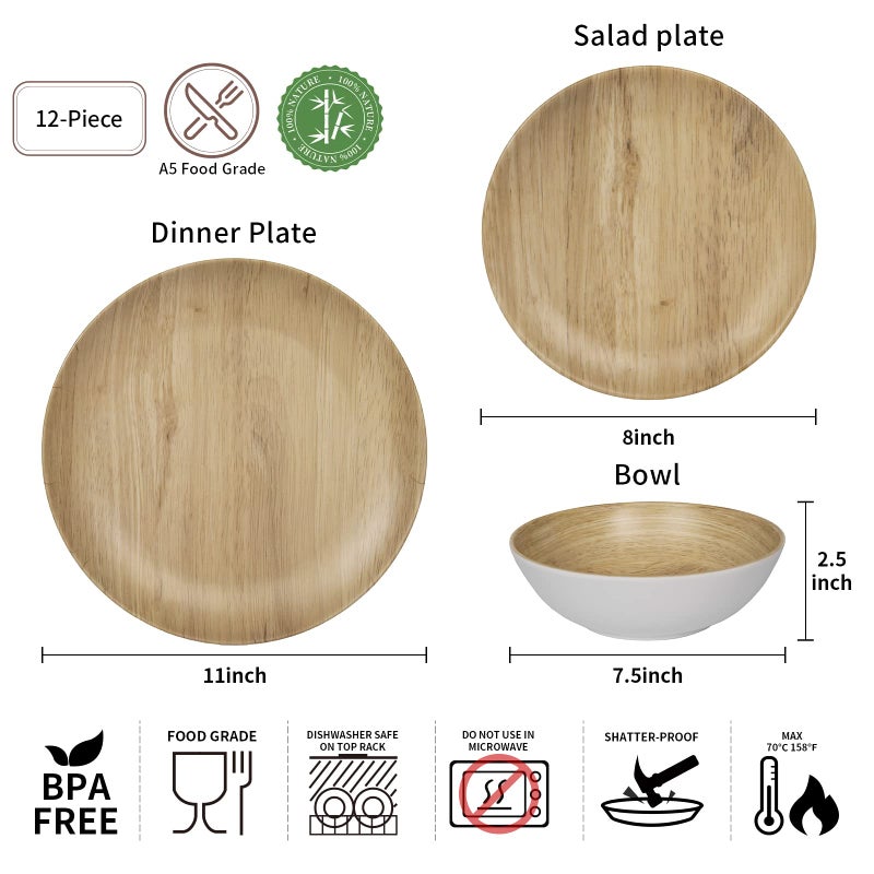 Webbylee Melamine Dinnerware Set - 12pcs dinnerware set Indoor and Outdoor use, Bamboo Pattern Dishes Dinnerware Set for 4,Dishwasher Safe (Wood Grain) - Image 2